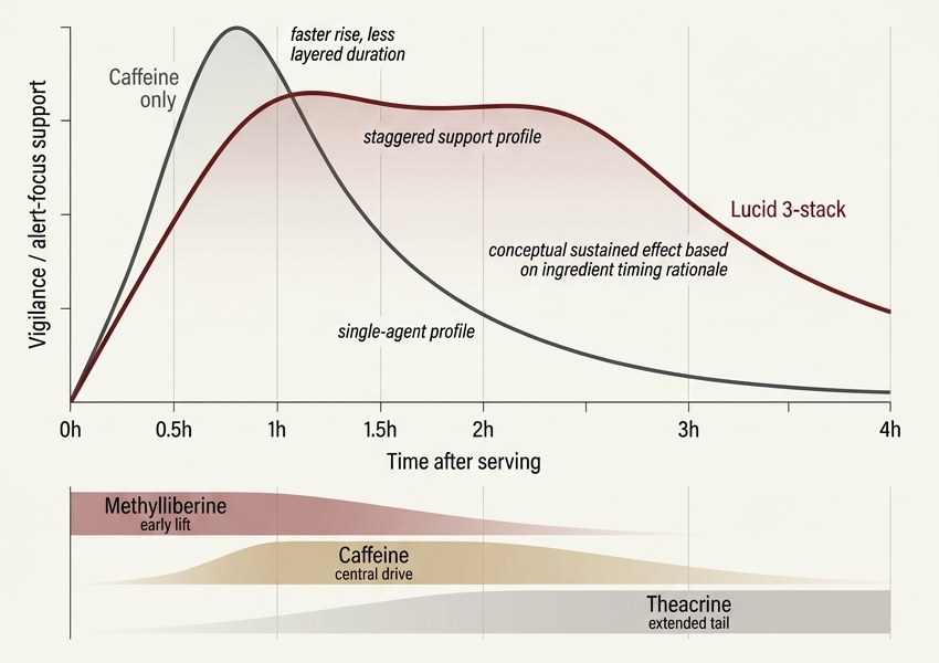Caffeine spikes and crashes; Lucid's three actives climb together and hold